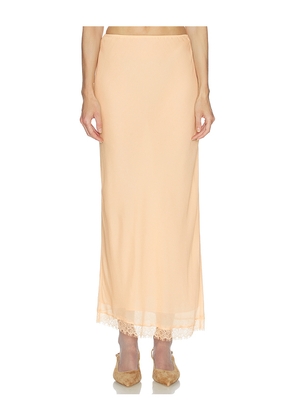 Helsa Viscose Satin Slip Skirt With Lace in Beige. Size L. Also in XXS, XS, S, M, XL.