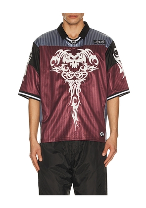 Jaded London Shadow Stripe Football Jersey in Burgundy. Size M. Also in S, L, XL/1X.