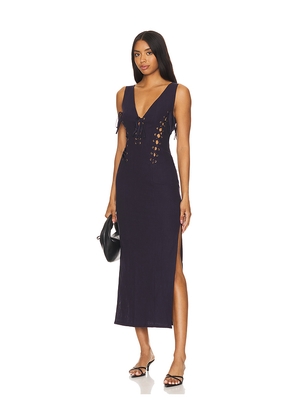 LIONESS Dreamscape Midi Dress in Navy. Size S. Also in M.