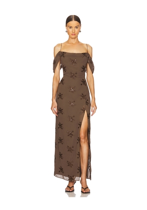 LPA Yvanna Embroidered Maxi Dress in Brown. Size XS. Also in XXS, S.
