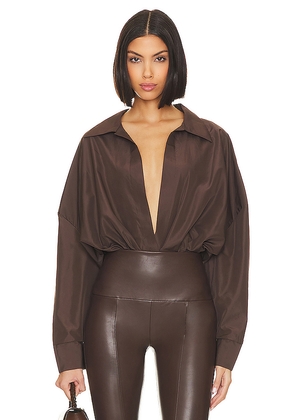 Norma Kamali Oversized Boyfriend Shirt Bodysuit in Chocolate. Size M. Also in XXS, XS, S, L, XL.