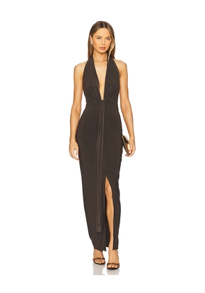 Norma Kamali x REVOLVE Tie Front Halter Gown in Chocolate. Size M. Also in S, L, XL.