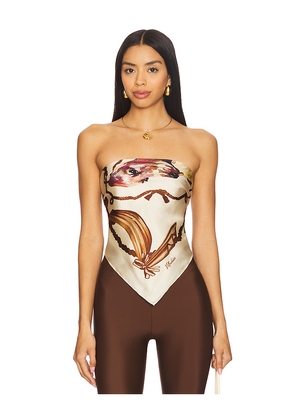 Milkwhite Silk Printed Scarf Top in Beige. Size M. Also in S.