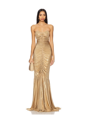 Norma Kamali Strapless Shirred Front Fishtail Gown in Metallic Gold. Size M. Also in XS, S, L, XXS.