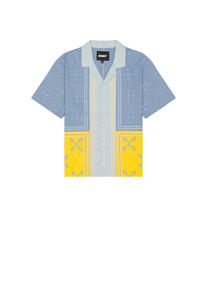 Memory Lane Patch Work Short Sleeve Shirt in Blue. Size M. Also in S, L.