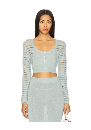 MATTHEW BRUCH Striped Mesh Long Sleeve Cropped Henley in Baby Blue. Size M. Also in L, XS.