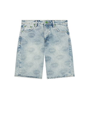 Memory Lane M Shield Debossed Pattern Shorts in Blue. Size 32. Also in 30, 34, 36.