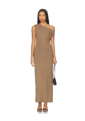 LESET Lauren Ruched Asymmetrical Shoulder Dress in Brown. Size S. Also in M.
