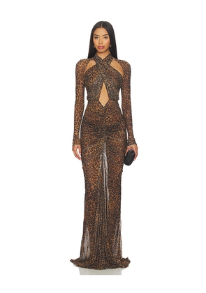 Lapointe Printed Mesh Halter Ruched Gown in Brown. Size M. Also in L, S, XS.
