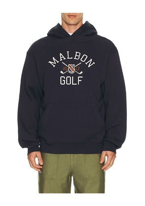 Malbon Golf Fesque Crest Hoodie in Navy. Size L. Also in S.