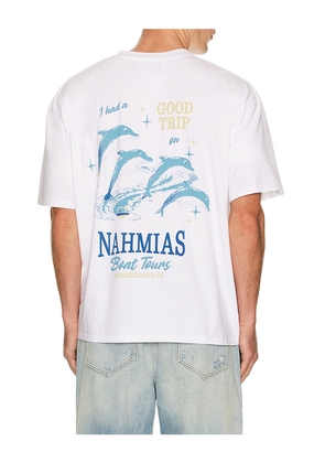 Nahmias Boat Tours Boxy T-Shirt in White. Size M. Also in S, L, XL/1X, XXL/2X.