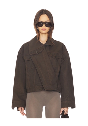 MARRKNULL Dislocated Wrap Around Denim Jacket in Chocolate. Size M. Also in S, L, XL.