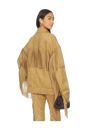 Norma Kamali Fringe Oversized Jean Jacket in Tan. Size M. Also in S, XS, L.