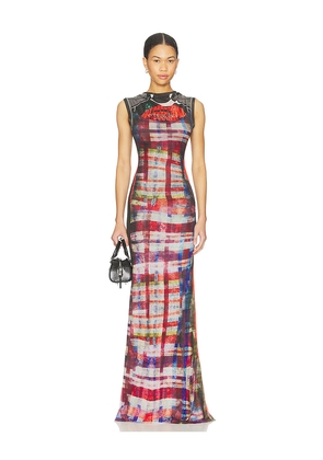 Ottolinger Mesh Maxi Gown in Racing Plaid in Black,Red. Size XS. Also in S.