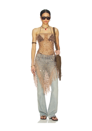 MORE TO COME Rami Fringe Strapless Dress in Tan. Size L. Also in M, S, XS.