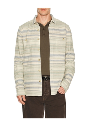 Marine Layer Pacifica Stretch Twill Overshirt in Blue,Beige. Size L. Also in S, M.