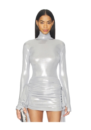 Norma Kamali Slim Fit Long Sleeve Turtle Top in Metallic Silver. Size L. Also in XS, S, M.