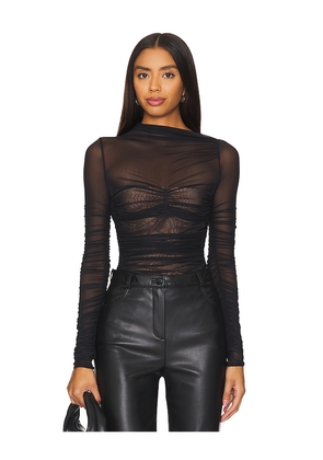 SEROYA Mila Ruched Bodysuit With Asymetric Neck in Black. Size L. Also in M, S, XS, XXS.
