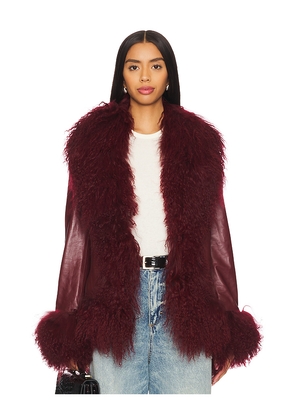 Susanna Chow Dorothy Leather Coat With Fur Trim in Burgundy. Size L. Also in M.