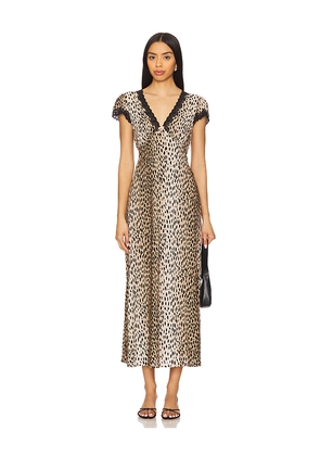 RIXO Clarice Midi Dress in Brown. Size M. Also in L, S, XXS.