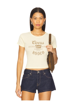 The Laundry Room Coors Banquet Rodeo Stamp Baby Tee in Yellow. Size S. Also in XS, L, XL.