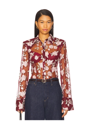 ROTATE Mesh Fitted Shirt in Burgundy. Size 34. Also in 32, 44.