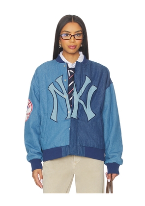 Terez x REVOLVE Yankees Denim Logo Bomber in Blue. Size S. Also in XXS, XS, M, XL.