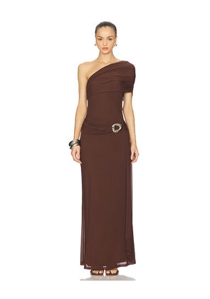 Runaway The Label Kassi Draped One Shoulder Midi Dress in Chocolate. Size M. Also in S, XS, XL.