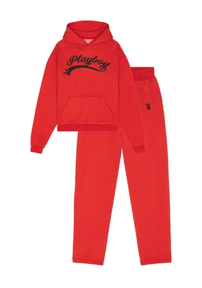 Playboy Logo Hoodie and Sweatpant Set in Red. Size M. Also in S, L, XL/1X.