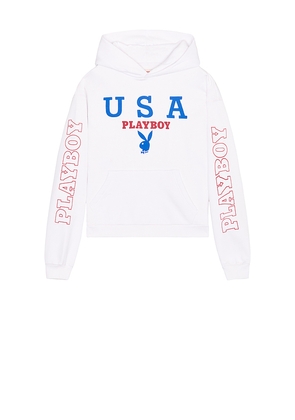 Playboy USA Hoodie in White. Size M. Also in S, L, XL/1X.
