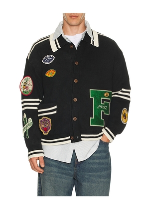 Found Varsity Patch Collared Cardigan in Black. Size M. Also in S, XL/1X.
