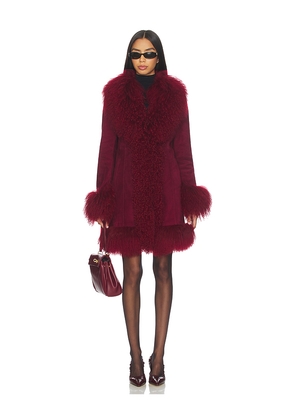 Susanna Chow Dorothy Suede Midi Coat in Burgundy. Size M. Also in S, L.