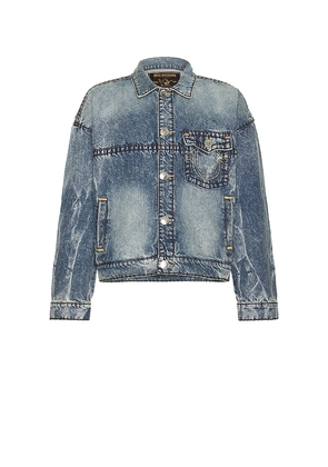 True Religion Super T Cropped Denim Jacket in Blue. Size M. Also in L, S, XL/1X.