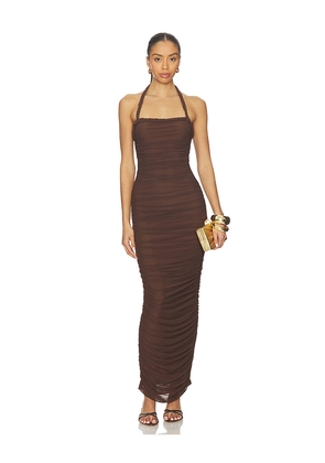 SNDYS Gianna Ruched Halterneck Maxi Dress in Chocolate. Size M. Also in S, XXS, XS, L, XL.