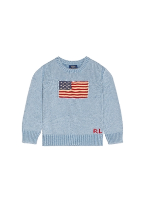 Polo Ralph Lauren Long Sleeve Combed Cotton Flag Crewneck Sweater in Blue. Size 2. Also in 3, 4, 5, 6.