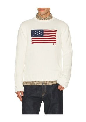 Polo Ralph Lauren Long Sleeve Roving Cotton USA Flag Crewneck Sweater in White. Size L. Also in S, M, XL/1X, XXL/2X.