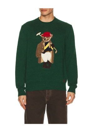 Polo Ralph Lauren Long Sleeve Cotton Linen Novelty Society Bear Rollneck Sweater in Dark Green. Size L. Also in S, M, XL/1X, XXL/2X.