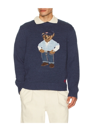Polo Ralph Lauren Long Sleeve Cotton Linen Novelty Denim Bear Crewneck Sweater in Navy. Size L. Also in S, M, XL/1X, XXL/2X.
