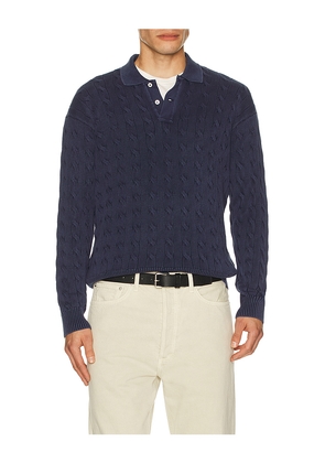 Polo Ralph Lauren Long Sleeve Garment Dyed Cable Knit Polo Sweater in Blue. Size L. Also in S, M, XL/1X, XXL/2X.