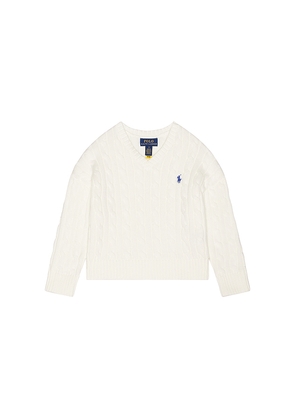 Polo Ralph Lauren Long Sleeve Cotton Cable Knit V Neck Sweater in White. Size 3. Also in 2, 4, 5, 6.