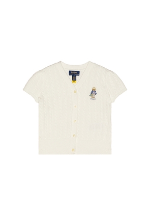Polo Ralph Lauren Short Sleeve Cotton Mini Cable Knit Bear Cardigan in White. Size 2. Also in 3, 4, 5, 6.