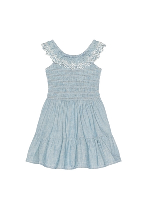 Polo Ralph Lauren Short Sleeve Chambray Woven Ruffle Dress in Blue. Size 2. Also in 3, 4, 5.
