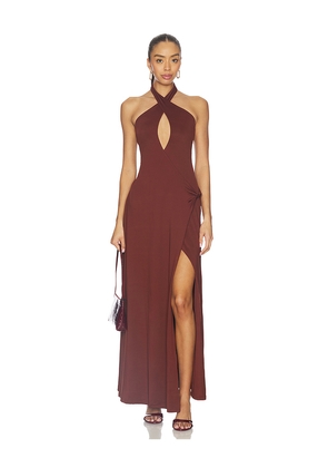 SEVEN WONDERS Kamilla Keyhole Twist Maxi Dress in Chocolate. Size M. Also in XS, S, L, XL.