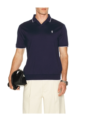 Polo Ralph Lauren Short Sleeve Jacquard Pique Johnny Collar Polo in Navy. Size L. Also in M, S, XL/1X, XXL/2X.