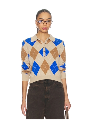 White & Warren Cashmere Argyle Long Sleeve Polo in Tan,Blue. Size M. Also in L, S, XS.