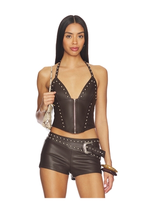 superdown Melisa Faux Leather Top in Brown. Size L. Also in XXS, XS, S, M, XL.