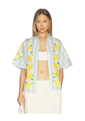 Verandah Blooming Roses And Stripes Shirt in Baby Blue,Yellow. Size M. Also in L, S, XL, XS.