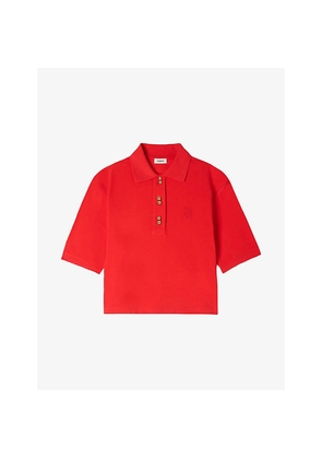 Womens Sandro Button-Embellished Embroidered Cotton Polo Shirt