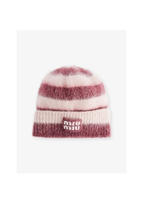 Womens Miu Miu Striped Logo-Patch Wool-Blend Beanie Hat