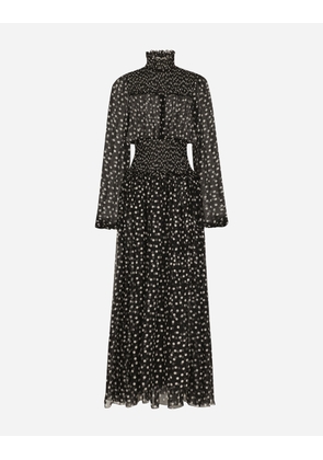 Dolce & Gabbana Chiffon Midi Dress With Smock Stitching And Micro-polka Dot Print - Woman Dresses Print 40